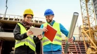 Ein bautechnischer Assistent hilft der Bauleiterin bei der Überwachung des Neubauprojekts. Das Team befindet sich auf der Baustelle und trägt entsprechende Sicherheitskleidung.
