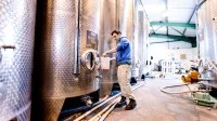 Ein Weintechnologe nimmt eine Weinprobe aus einem Edelstahl-Gärtank zur Qualitätskontrolle.