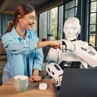 Eine junge Frau und ein Roboter beim Fistbump
