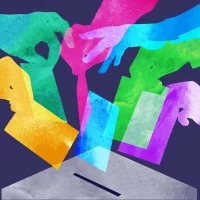 Eine Grafik zeigt bunte Hände, die Stimmzettel in eine Wahlurne werfen.
