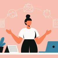 Vektordarstellung einer Frau vor dem Schreibtisch mit Laptop, Kalender und Blume, die eine Vielzahl an Aufgaben um sich herum trägt.