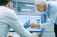 Ein Assistent für Maschinenbautechnik und ein Ingenieur betrachten die Detailkonstruktion einer Maschine am Computer.