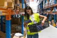 Eine Fachkraft für Lagerlogistik holt die bestellten Güter aus dem Lager.