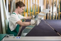 Ein Glaser prüft die Qualität einer Scheibe.