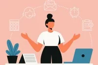 Vektordarstellung einer Frau vor dem Schreibtisch mit Laptop, Kalender und Blume, die eine Vielzahl an Aufgaben um sich herum trägt.