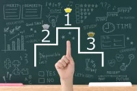 Ein Siegertreppchen mit den Plätzen1 bis 3, eine Kinderhand zeigt darauf. Im Hintergrund eine Schultafel mit Zeichnungen und Beschriftungen.