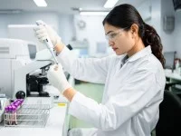 Eine medizinische Technologin in einem Laborkittel pipettiert eine Flüssigkeit in ein Reagenzglas mit einer Blutprobe. Neben ihr stehen verschiedene Analysegeräte im Labor. 