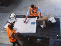 Ein Bauzeichner arbeitet mit einer Kollegin Änderungen in den Bauplan ein.