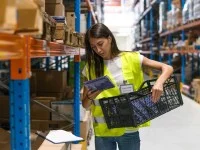 Eine Fachkraft für Lagerlogistik holt die bestellten Güter aus dem Lager.