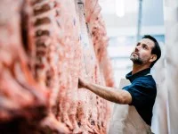 Ein Fleischer überprüft die Qualität des Fleisches im Schlachthof.
