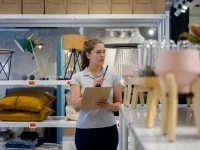 Eine Kauffrau im Einzelhandel führt in einem Möbelgeschäft eine Inventur durch.