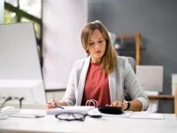 Eine Steuerfachangestellte bearbeitet die Steuererklärung einer Mandantin.