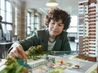 Eine Frau mittleren Alters sitzt in einem Büro vor einem Modell und berührt dieses mit der rechten Hand. Auf dem Modell ist ein Wohnblock, eine Freizeitanlage, eine Grünfläche und eine Straße gebaut.