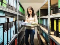 Eine Patentanwaltsfachangestellte liest Akten im Archiv.